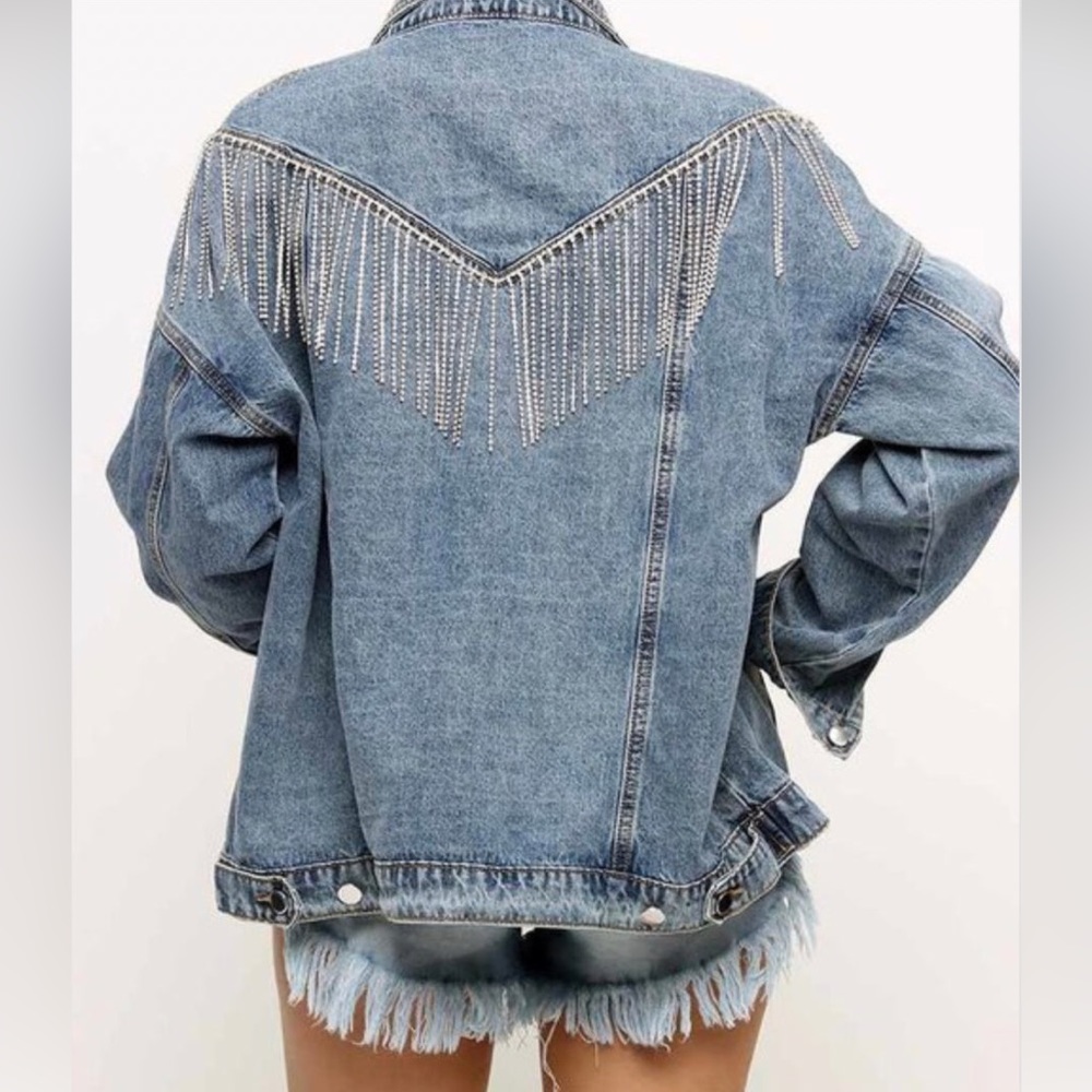 Western Rhinestone cowgirl Fringe Detail Denim Jacket